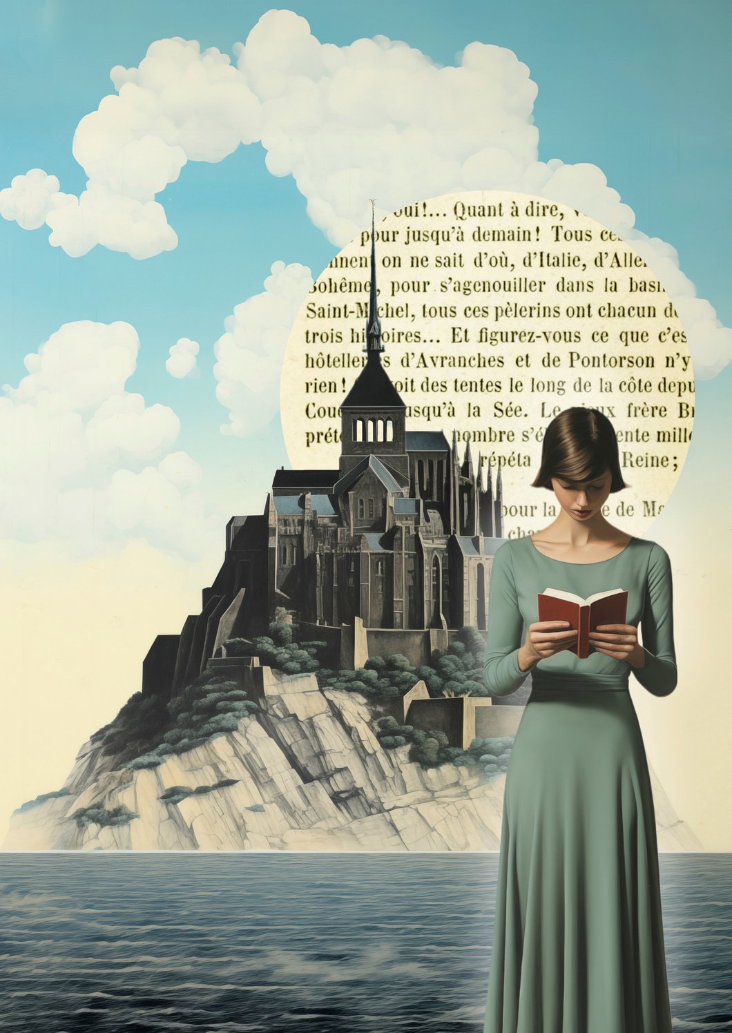 Visuel de l'affiche réalisée pour le salon du livre et des arts de 2024 par l'artiste Victoire. On voit un mont saint michel, une femme en train de lire et un soleil fait d'une page de roman