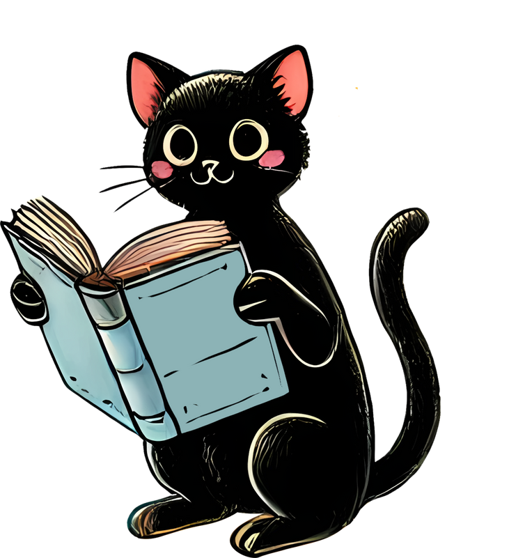 la mascotte de baies des livres un chat noir en train de lire.